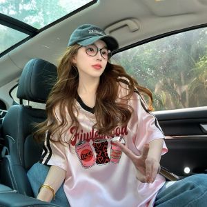 Summer Mid-Length Loose Fit Short Sleeve T-Shirt Womens Sporty Style Casual Printed Top Slimming Effect OL Trendy Brand