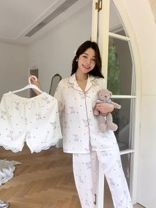 Summer and Autumn New Soft Silky Short Sleeved Long Pants and Short Cute Teddy Bear Three Piece Set Pajamas Womens Simple Cartoon Printed Sleepwear Casual Home Clothes