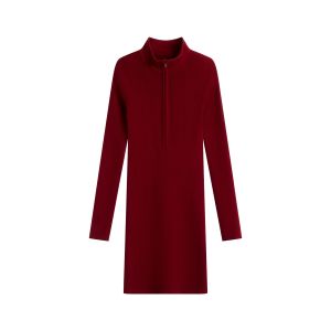 Christmas New Year Themed Knitted Short Skirt Womens Fashion Commute Style Bodycon Dress Half High Collar Long Sleeve V Neck