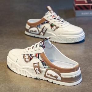 Mens Slip-On Driving Shoes Half Slippers No-Back Step Leather Patchwork Youth Trend Spring Autumn Wear Resistant Rubber Sole