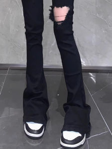 Black High Waist Bell Bottom Jeans Womens Autumn High Street Style Distressed Micro Flared Pants Long Leggings