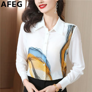 AFEG new Korean version shirt collar fashionable loose all match print chiffon long sleeve blouse