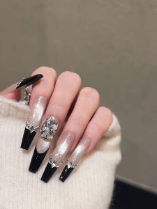 Luxurious Long French Style Flashing Diamond Nail Extensions Handmade Wearable Detachable Premium Quality Beauty Nail Art