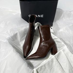 High Heel Short Boots Womens Chunky Heel Pointed Toe Zipper Back 2025 New Autumn Winter Versatile Black High-End Martin Boots