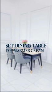 Set Meja Makan Top Marmer Krem Kursi 4PC Kaki Kayu