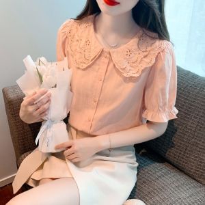 Pink Doll Collar Short Sleeve Chiffon Shirt Womens Summer Fashionable Top Cotton 70% Polyester 30% Material Leaf Edge Detail