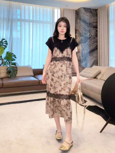 Me Home Yang Copper Ammonia Silk Lace Dress High Waist A-Line Skirt Short Sleeve round Neck Summer New Style Fake Two-Piece Dress
