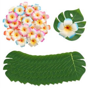 12 ชิ้นผ้าไหมประดิษฐ์ Monstera ใบปาล์มจําลอง Plumeria ดอกไม้สําหรับ Hawaiian Tropical Party Decor Home Room งานแต่งงาน Decor