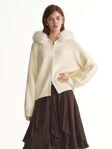 DUSHU | Removable Fur Collar Hooded Knit Cardigan Womens Plus Size