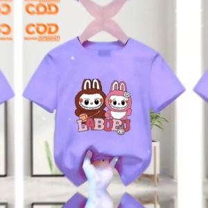 Baju Kaos atasan anak Cewek Cowok usia 1-12 tahun lengan pendek bahan babyterry Labubu Kekinian