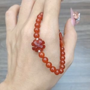 Q849 Vòng Ngọc Agate Đỏ 8li mix Cỏ 4 lá Ngọc Huyết bi bạc Hỏa và Thổ - Phong Thuỷ TUDO P