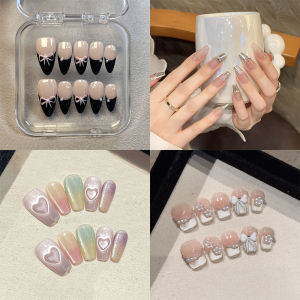 10pcs Star Design Press-On Nails With Rhinestones French Bow Almond Fake Nail Tips Cats Eye Handmade Press on Nails For Women