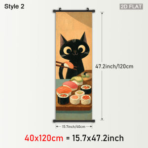VIKAMA Cute Black Cat Sushi Roll Scroll Tapestry Japanese Kitten Wall Art Wall-Mounted Poster for Kitchen Dining Room Decor