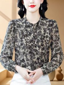 Elegant Ladys Silk Shirt Long Sleeve Floral Print High-End Mulberry Silk Early Autumn New Style Commute Simple Style Regular Length