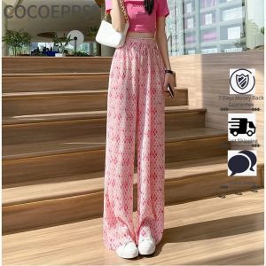 Cocoepps đặc biệt xếp li Lụa băng quần ống rộng quần nữ mỏng mùa hè eo cao lau dọc quần giản dị màu hồng mát mẻ