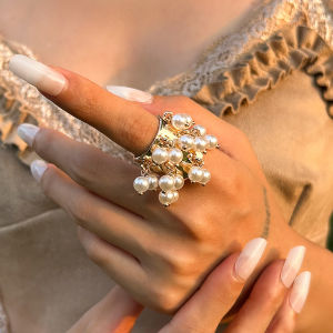 Salircon Trendy Imitation Pearl Stone CCB Small Ball Ring Womens Man 2024 Vintage Street Punk Hip Hop Ring Female Jewelry