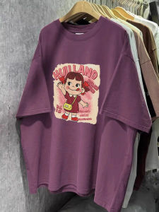 plus Size Womens Cotton T-Shirt Cartoon Girl Short Sleeve Summer European Style Large Version Purple Top for plus Size Women