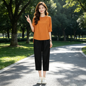 Shalldoer | Slimming Oversized Short Sleeve Shirt Harem Pants Suit 2pcs