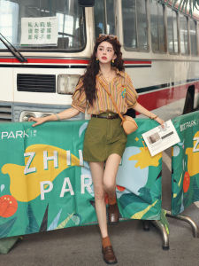 Green High Waist A-Line Mini Skirt Versatile Summer 2025 New Style Chen Jiajie Pumpkin Lilies Commute Retro Solid Color Polyester Blend