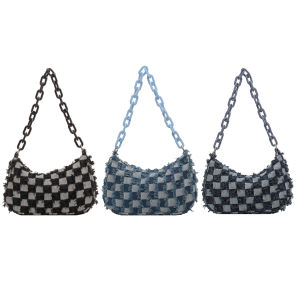 Women Grid Chain Handbag Fashion Vintage Denim Shoulder Bag Casual Handbag Large Capacity for Daily Office Use Sling Bag