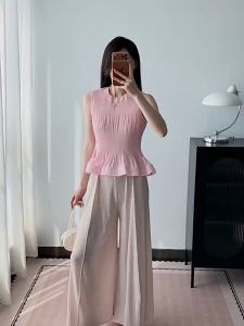 KESHAGYI 2026 Miyake Pleated Top Womens Summer New Style Ruffled Sleeveless Vest Womens Clothing