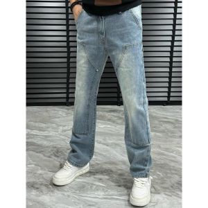 Loose Mens Blue Jeans High Street Style Retro Japanese Trendy Straight Leg Casual Patchwork Wide Leg Long Pants Street Style