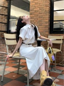 2023 New Arrival Preppy Style Suit Womens Stylish Polo Collar Short Sleeve Shirt High Waist Long Skirt Two-piece Set
