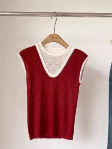 Summer 2025 New Style Color Block Short Knitted Vest Korean Loose Fit Outerwear Casual Splice Pattern Girls Fashion Top