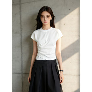 PIAOYA | White Loose Fitted Waist-Tied Pleated Stylish Slim T-Shirt