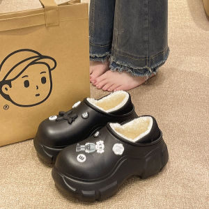 Thick Sole Height Increasing Cotton Slippers Womens Winter Cute Sesame Street Room Inner Velvet Heattech Water-Proof Bag Heel Cotton Shoes Can Be Outwear