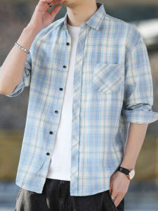 Mens Long Sleeve Thin Shirt Autumn Spring Blue Plaid Workwear Classic Style Fashionable City Casual Polyester Cotton Viscose