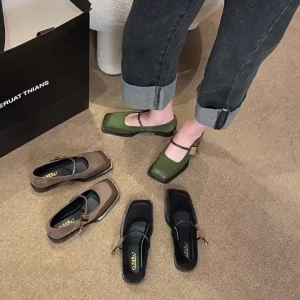 Plus Size Womens Square Toe Mary Jane Flats Shoes Thick Sole Suede Leather Casual Shoes for Women Summer Style Flats Daily Wear