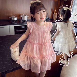 Pakaian anak-anak berusia 2-5 tahun anak perempuan anak paruh baya rompi berbulu lengan pendek musim panas yang baru gaun sifon renda tanpa lengan rok putri