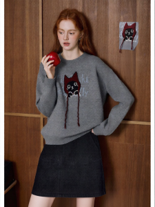 KUHNMARVIN | Áo Sweater Jacquard Hình Mèo Dễ Thương