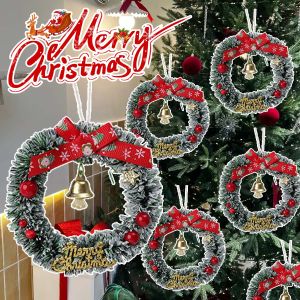 4Pcs Christmas Wreath Pendant Christmas Tree Hanging Ornaments Small Vine Garland with Bell Bow Christmas Decoration 8CM