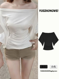 เสื้อยืดแขนสั้นผ้าไหมน้ำแข็งสีขาว ทรงเข้ารูป แขนกระดิ่ง คอวี สำหรับผู้หญิง ฤดูร้อน 2024 แบรนด์ Moonlight Weave Casual Style