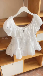 Cotton thêu hoa Có lót Áo babydoll cổ vuông dây rút cột nơ tay ngắn bồng bo chun co giãn màu trắng siêu xinh HANA TOP