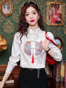 Áo Sơ Mi Voan Nữ Phong Cách Trung Hoa Mới Mùa Xuân Thu Áo Sơ Mi Cài Nút Thêu Dáng Rộng Áo Sơ Mi Cổ Đứng Dài Tay Thường