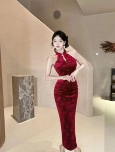 Váy Bó Sát Gợi Cảm Trang Trí Ngọc Trai Hở Vai Phong Cách Pháp Mùa Xuân 2025 Váy Dài Cạp Cao Không Tay Dáng Chữ a Cho Nữ