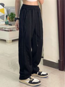 Quần Thể Thao American Style Màu Đen Rộng Rãi Dáng Rộng Dáng Thẳng Quần Dài Thường Ngày Cho Nữ Dáng Suông Cạp Cao Dài