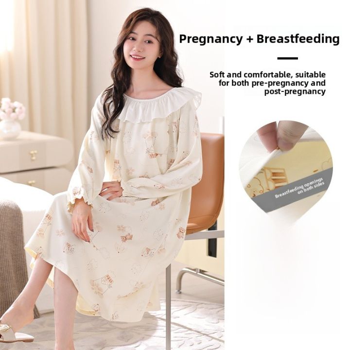 MiiOW%20%7C%20Breathable%20Thin%20Maternity%20Nightgown%20Women's%20Summer%20Home%20Clothes%20Sleepwear%20Cotton%20Blend%20Long%20Sleeve%20Midi%20Dress%20Round%20Neck%20-%20Image%207