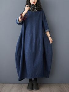 ชุดเดรสยาวแขนยาวทรงหลวมสไตล์วินเทจสำหรับผู้หญิงไซส์ใหญ่ ช่วงต้นฤดูใบไม้ผลิ ชุดเดรสยาวคลุมท้อง กระโปรงทรงเอ สไตล์ลำลอง