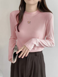 Áo Sơ Mi Lót Lông Cừu Cổ Cao Tay Dài Màu Xám Cho Nữ Mùa Thu Đông Phong Cách Hàn Quốc Dáng Ôm Vừa Vặn