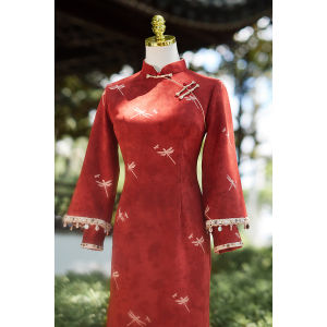 Red New Chinese Style Reformed Womens Autumn Winter Flag Robe Dress Slim Fit Suede Velvet Drinking Ceremony Evening Gown