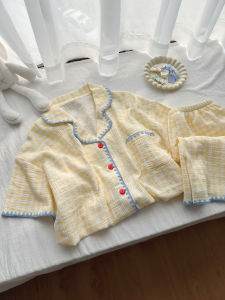 ชุดนอนผ้าฝ้ายลายจุดสไตล์ญี่ปุ่นหวานๆ ชุดนอนผ้าฝ้ายแท้สำหรับฤดูร้อน ชุดลำลองสำหรับใส่อยู่บ้าน ชุดนอนผู้หญิง ชุดนอนผ้าฝ้ายแท้ ชุดนอนผ้าฝ้ายลายจุด