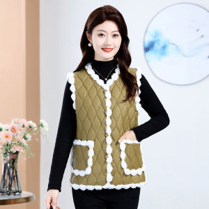 Fashion Mom Autumn and Winter PU Leather Fleece-lined Thickened Thermal Vest Cardigan Womens Loose Slimming outside Wear Waistcoat Vest