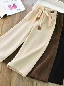 Girls Corduroy Casual Pants Spring Autumn New Wide Leg Elastic Straight Leg Trousers Outerwear for Big Kids Comfortable Fit