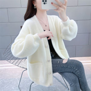 Ladies Thickened Water Rabbit Fur Knitted Cardigan Sweater Loose Long V-Neck Button-Up Warm Outerwear Autumn Winter New Style
