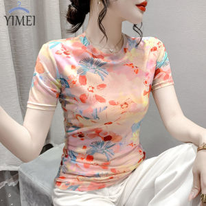 YIMEI Áo Thun Nữ Đẹp 2023 Mùa Hè In Thời Trang Áo Lưới Ngắn Tay Bó Sát Cổ Tròn Áo Tây