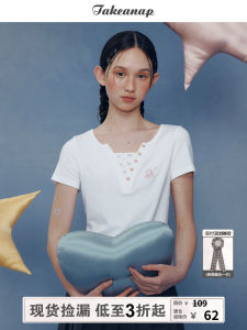 Takeanap Original Sweet Two-Piece T-Shirt Womens Summer Elastic Short Sleeve Slim Fit Top Nap Time Faux Two-Piece Style